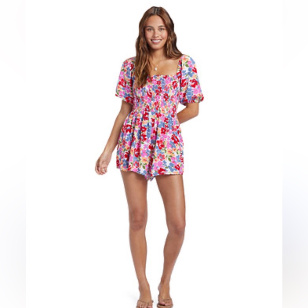 Roxy Womens Barefoot Babe Floral-Print Smocked Bodice Romper XL Colorful Bright